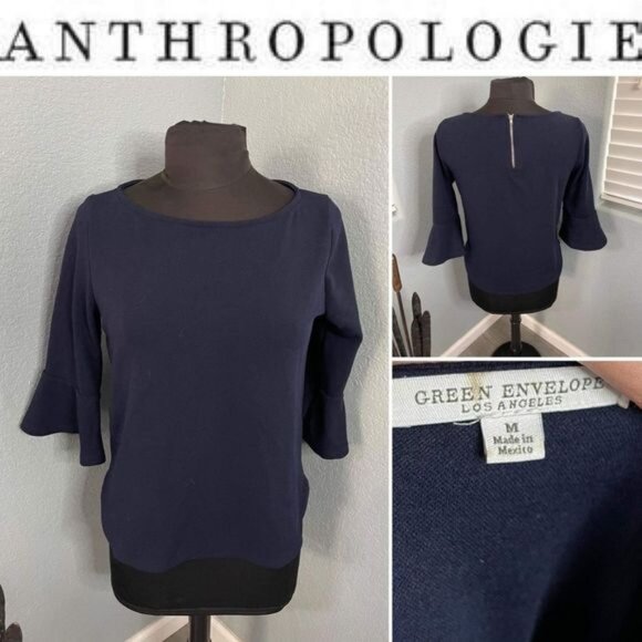 Anthropologie Green Envelope Women's Size M Blue Textured Back Zip Bell Sleeve - Picture 1 of 11